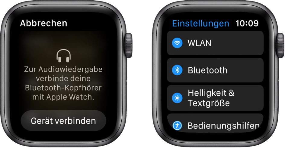 Wenn du als Audioquelle die Apple Watch wählst, bevor du Bluetooth-Lautsprecher oder -Kopfhörer gekoppelt hast, erscheint unten auf dem Display die Taste „Ein Gerät verbinden“, die die Bluetooth-Einstellungen auf deiner Apple Watch öffnet, wo du ein Audiogerät auswählen kannst.