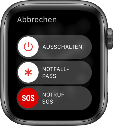 Display der Apple Watch mit drei Reglern: „Ausschalten“, „Notfallpass“ und „Notruf SOS“ Bewege den Regler „Ausschalten“, um die Apple Watch auszuschalten.