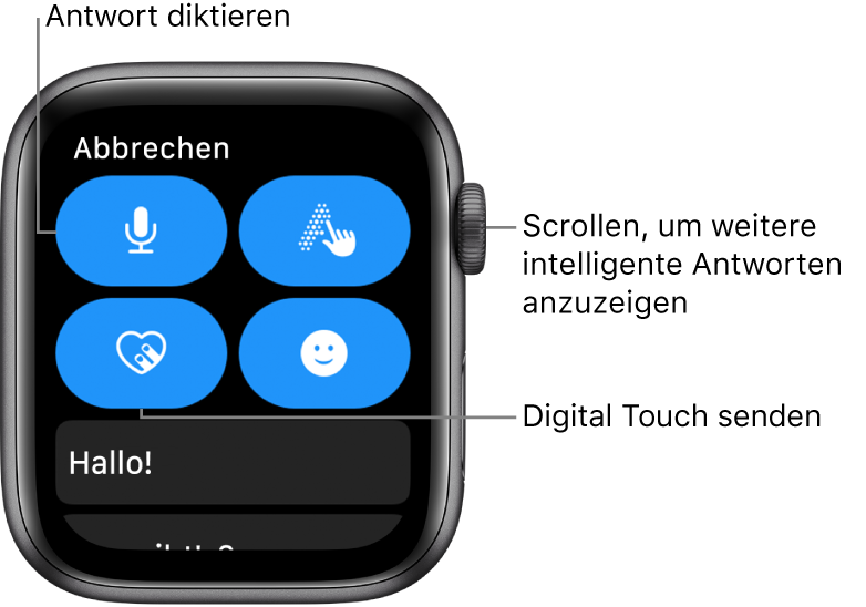 Der Bildschirm „Antworten“ mit Diktieren, Kritzeln, Digital Touch und Emoji. Darunter werden intelligente Antworten angezeigt. Drehe die Digital Crown, um weitere intelligente Antworten anzuzeigen.