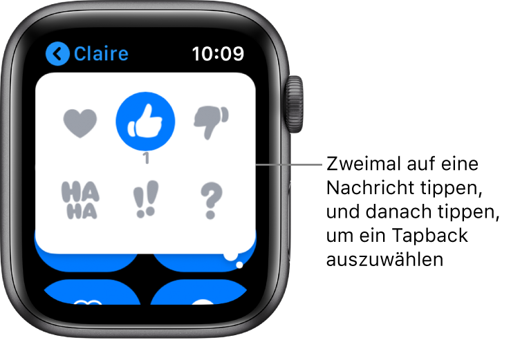 Eine Konversation in „Nachrichten“ mit Optionen für Tapback: Herz, Daumen hoch, Daumen runter, Ha Ha, !! und ?.