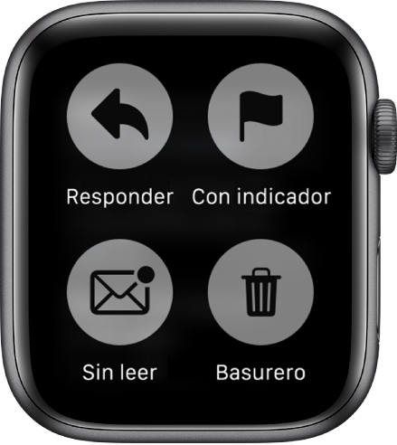 Cuando oprimes la pantalla mientras ves un mensaje en tu Apple Watch, aparecerán cuatro botones en la pantalla: Responder, Marcar con indicador, No leído y Basurero.