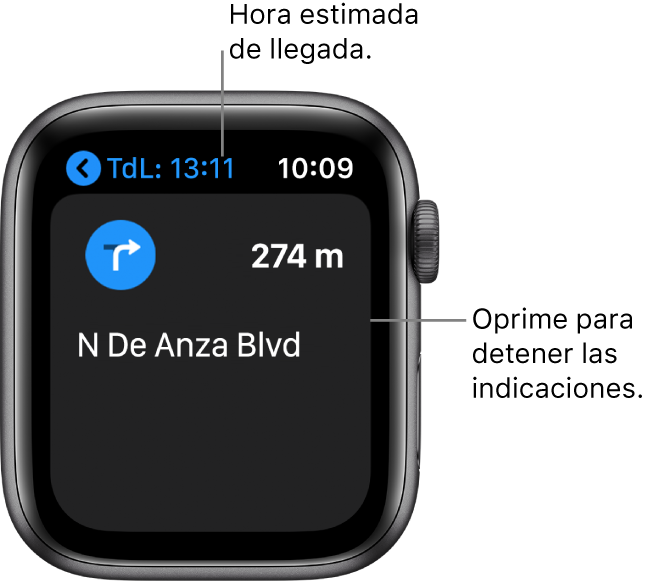 La app Mapas mostrando la hora de llegada aproximada en la esquina superior izquierda, el nombre de la calle donde debes dar vuelta y la distancia que falta para dicha vuelta. Un texto señala la pantalla y dice "Oprime para detener las indicaciones".