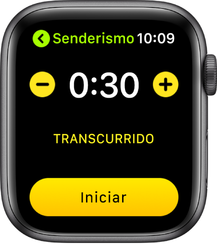 La pantalla de objetivo mostrando el tiempo cerca de la parte superior, con los botones - y + en cada lado y el botón Iniciar en la parte inferior.
