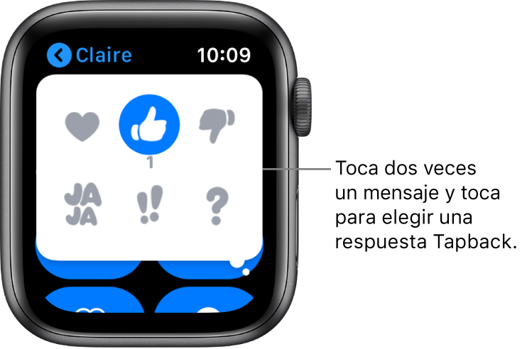 Una conversación de mensajes con opciones de respuesta Tapback: corazón, pulgar hacia arriba, jaja, !! y ?.