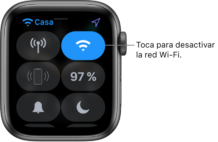Centro de control del Apple Watch (GPS + Cellular) con el botón de Wi-Fi en la parte superior. El texto dice "Toca para desactivar la red Wi-Fi".