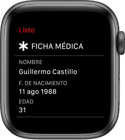 Pantalla de la ficha médica mostrando el nombre, fecha de nacimiento y edad del usuario.