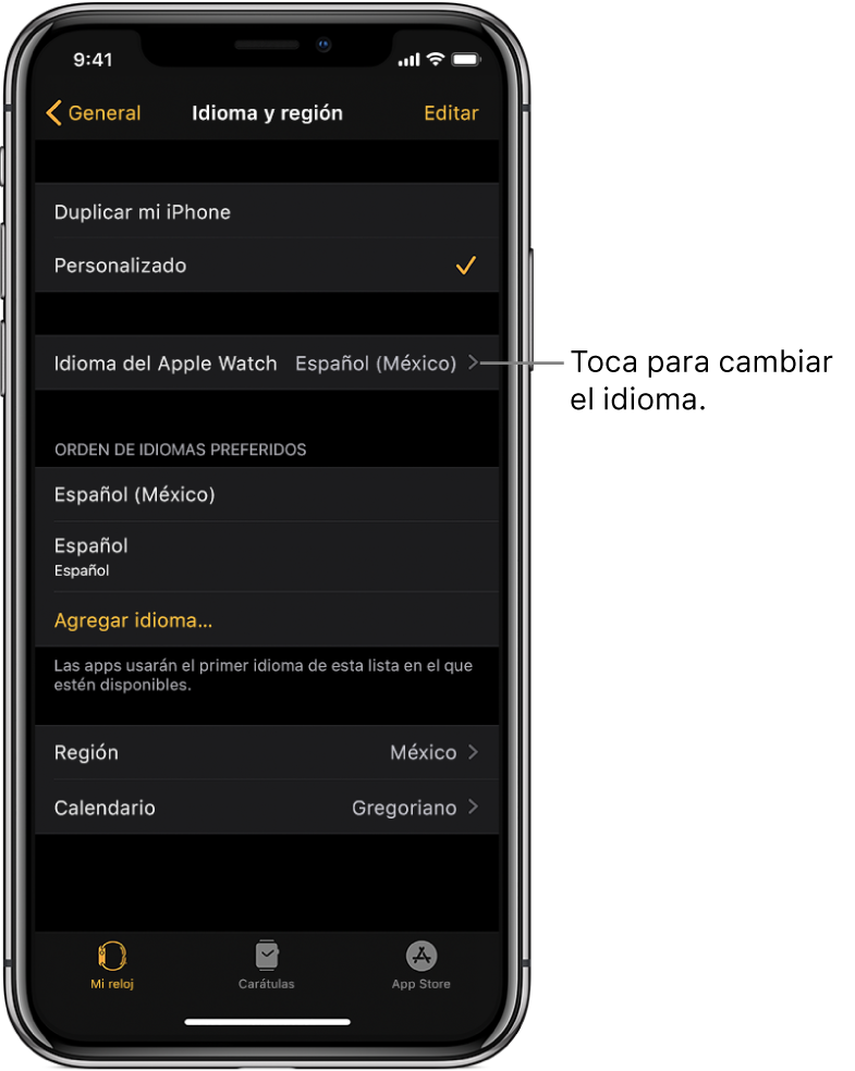 La pantalla "Idioma y región" en la app Apple Watch con la configuración Idioma del Apple Watch en la parte superior.