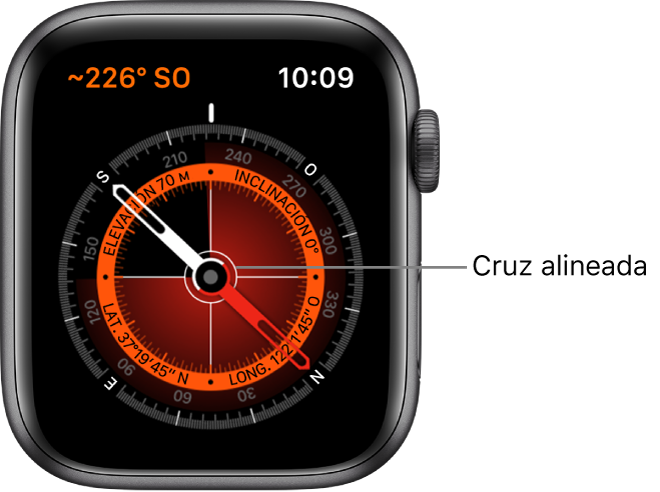 Esta brújula en la carátula del Apple Watch. En la esquina superior izquierda se muestra el rumbo. El círculo interior muestra la elevación, inclinación, latitud y longitud. Las cruces blancas apuntan hacia el norte, sur, este y oeste.
