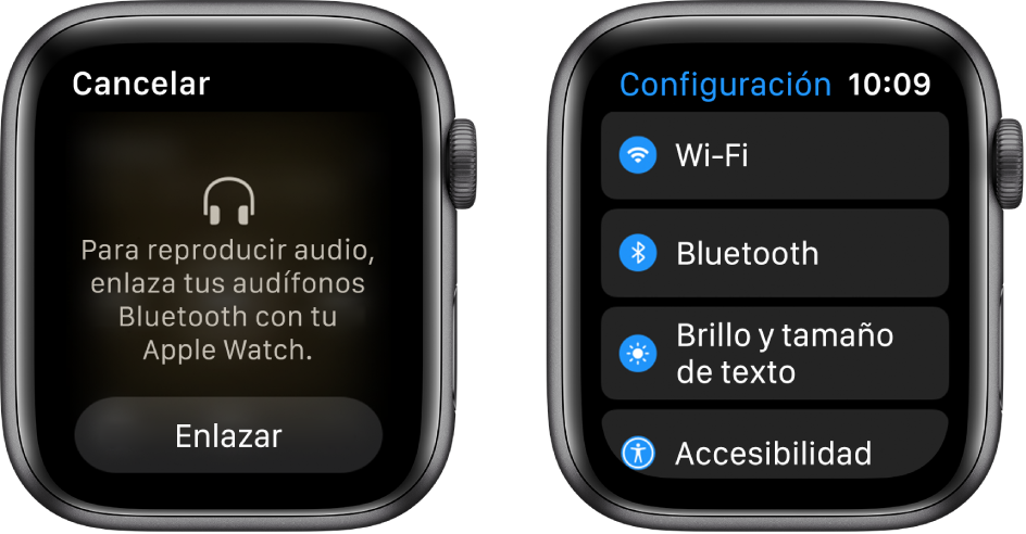 Si cambias la fuente de audio a tu Apple Watch antes de enlazar las bocinas o audífonos Bluetooth, aparecerá el botón "Conectar un dispositivo" cerca de la parte inferior de la pantalla que te lleva a la configuración Bluetooth de tu Apple Watch, donde podrás agregar un dispositivo.