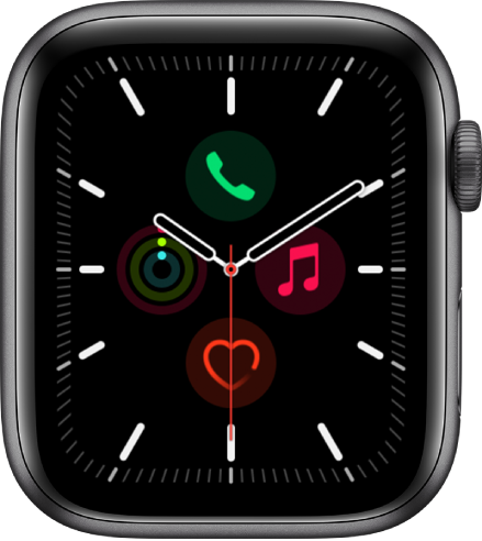 Esfera Meridiano, en la que se puede ajustar el color y los detalles de la esfera. En ella se muestran cuatro complicaciones: Teléfono arriba, Música a la derecha, “Frecuencia cardiaca” abajo y Actividad a la izquierda.