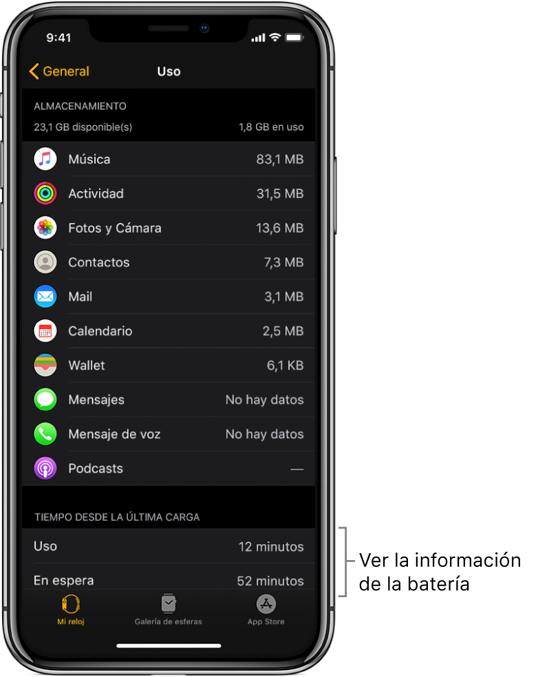 Visualización de la información de la batería correspondiente a las opciones Uso, “En espera” y “Ahorro de batería” en la mitad inferior de la pantalla Uso de la app Apple Watch.