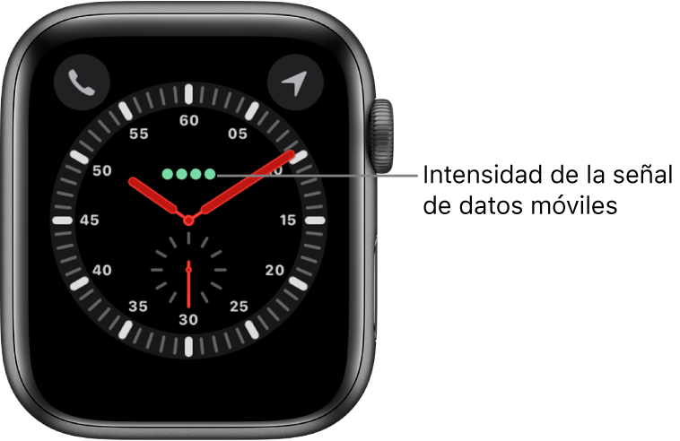 La esfera Exploración es un reloj analógico. Justo encima del centro de la esfera, se muestran los cuatro puntos verdes que indican la intensidad de la señal de datos móviles.