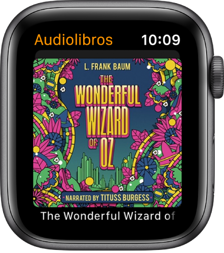 La pantalla Audiolibros con la portada de un libro.
