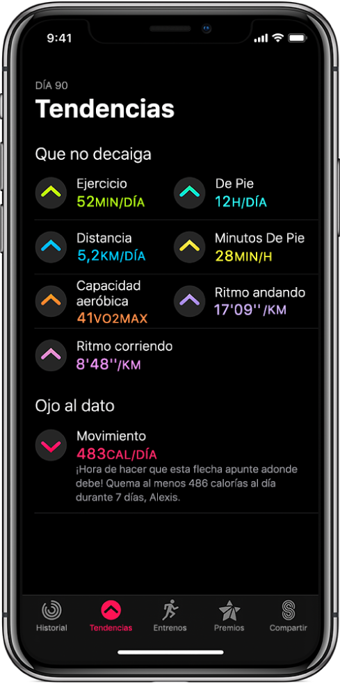 Pestaña Tendencias en la app Actividad del iPhone. Aparecen unas cuantas métricas debajo de Tendencias cerca de la parte superior de la pantalla. Entre otras, aparecen las métricas: Ejercicio, “De pie” y Distancia. Movimiento aparece debajo de “Ojo al dato”.