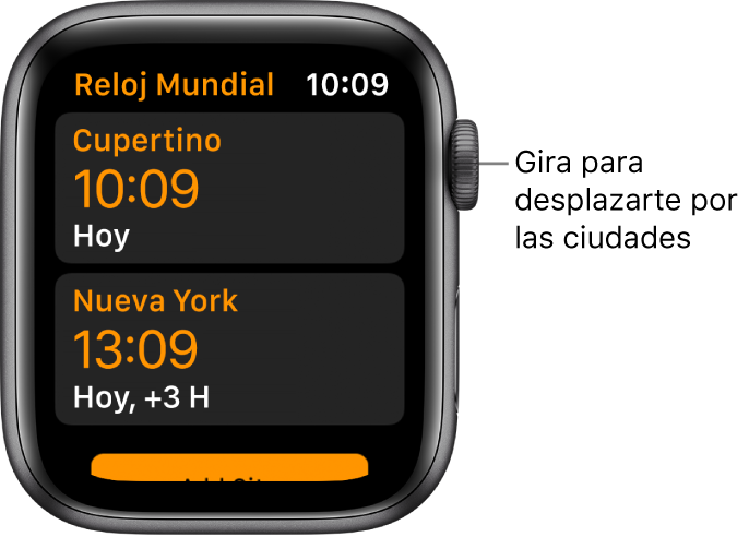 La app Reloj Mundial con una lista de ciudades y la barra de desplazamiento.