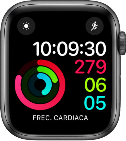 Esfera “Actividad - Digital” con la hora y el progreso de los objetivos Movimiento, Ejercicio y De Pie. Hay también tres complicaciones: Tiempo arriba a la izquierda, Entreno arriba a la derecha y “Frec cardiaca” abajo.