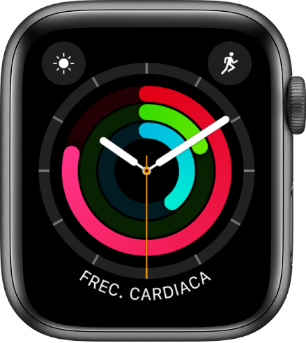 Esfera “Actividad - Analógico” con la hora y el progreso de los objetivos Movimiento, Ejercicio y De Pie. Hay también tres complicaciones: Tiempo arriba a la izquierda, Entreno arriba a la derecha y “Frec cardiaca” abajo.