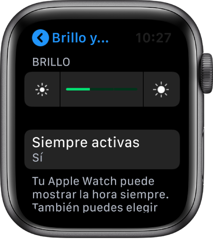 El botón “Siempre activa” en la pantalla Brillo y “Tamaño del texto” del Apple Watch.