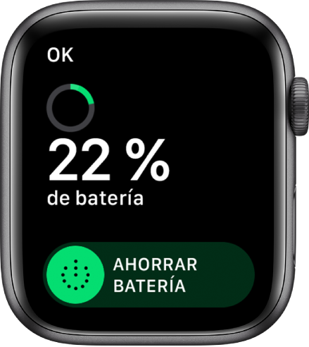 La pantalla “Ahorrar batería”, con el botón OK en la esquina superior izquierda, el porcentaje de batería restante y el regulador “Ahorrar batería”.