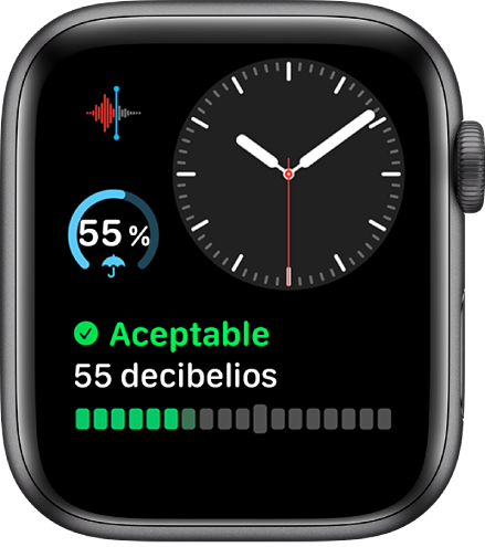Esfera Modular, con un reloj analógico cerca de la parte superior, una complicación “Notas de voz” a la izquierda, una complicación de tiempo en la parte central izquierda y una complicación Ruido abajo.