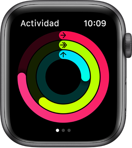 La pantalla Actividad, con los anillos Movimiento, Ejercicio y “De pie”.