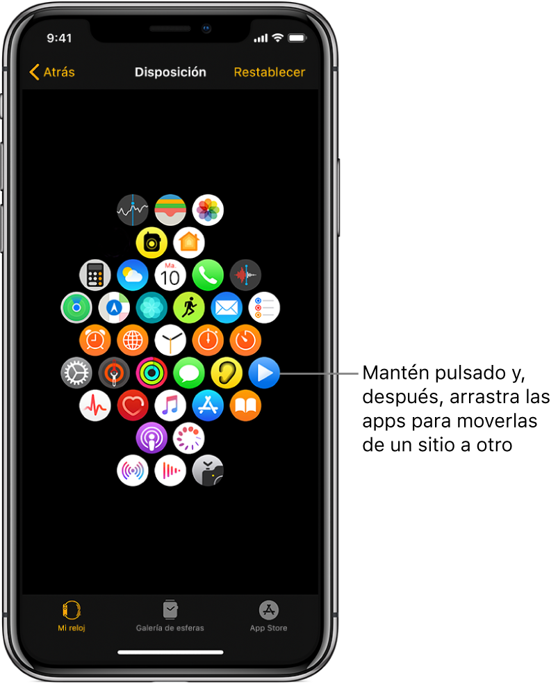 Pantalla de disposición en la app Apple Watch con una cuadrícula de iconos. El texto de la pantalla indica el icono de una app y dice: “Mantener pulsado y , arrastrar las apps para moverlas de un sitio a otro”.