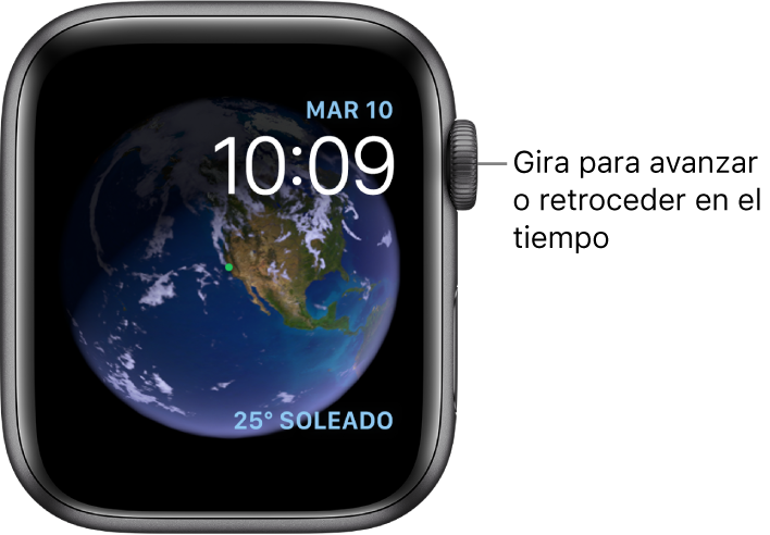 En la esfera Astronomía, se muestran el día de la semana, la fecha y la hora actual. Abajo a la derecha se muestra la complicación Tiempo. Gira la corona Digital Crown para avanzar y retroceder en el tiempo.