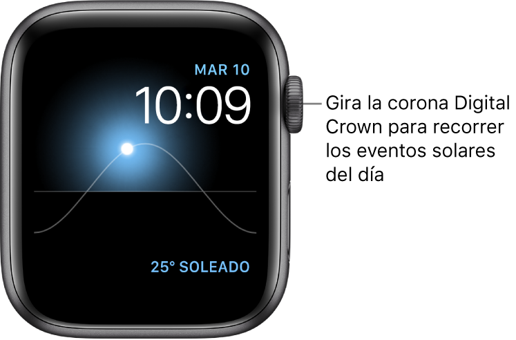 Esfera Solar en la que se muestran el día de la semana, la fecha y la hora actual. Esta esfera no se puede personalizar. Abajo a la derecha se muestra la complicación Tiempo. Gira la corona Digital Crown para cambiar la posición del sol a las fases de crepúsculo, amanecer, mediodía, puesta de sol o noche.