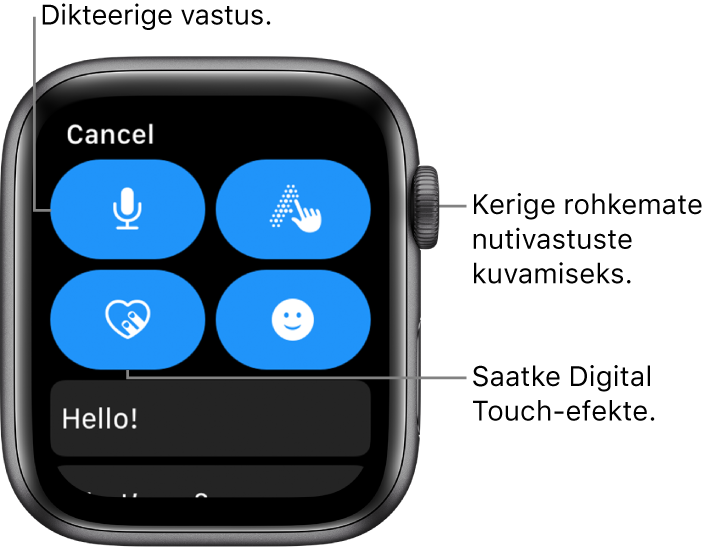 Vastamiskuva, kus on toodud nupud Dictate, Scribble, Digital Touch ja Emoji. Selle all on nutivastused. Rohkemate nutivastuste nägemiseks keerake Digital Crowni.