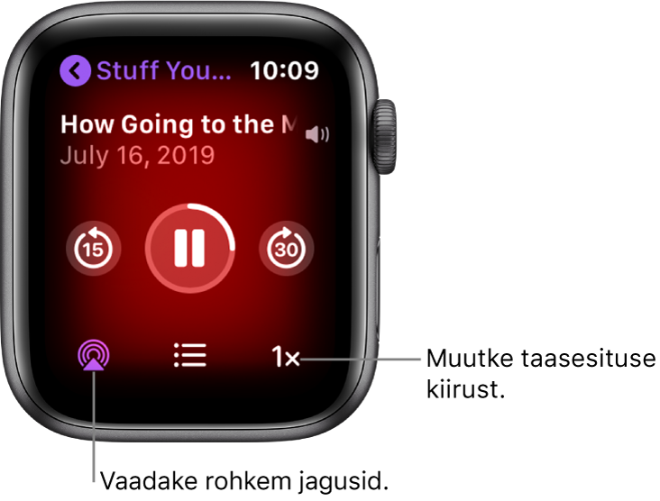 Podcasti kuva Now Playing, kus on toodud saate pealkiri, jao pealkiri, kuupäev, 15 sekundi võrra tagasi liikumise nupp, peatamise nupp, 30 sekundi võrra edasi liikumise nupp, jagude nupp, helitugevuse indikaator ja taasesituse kiiruse nupp.