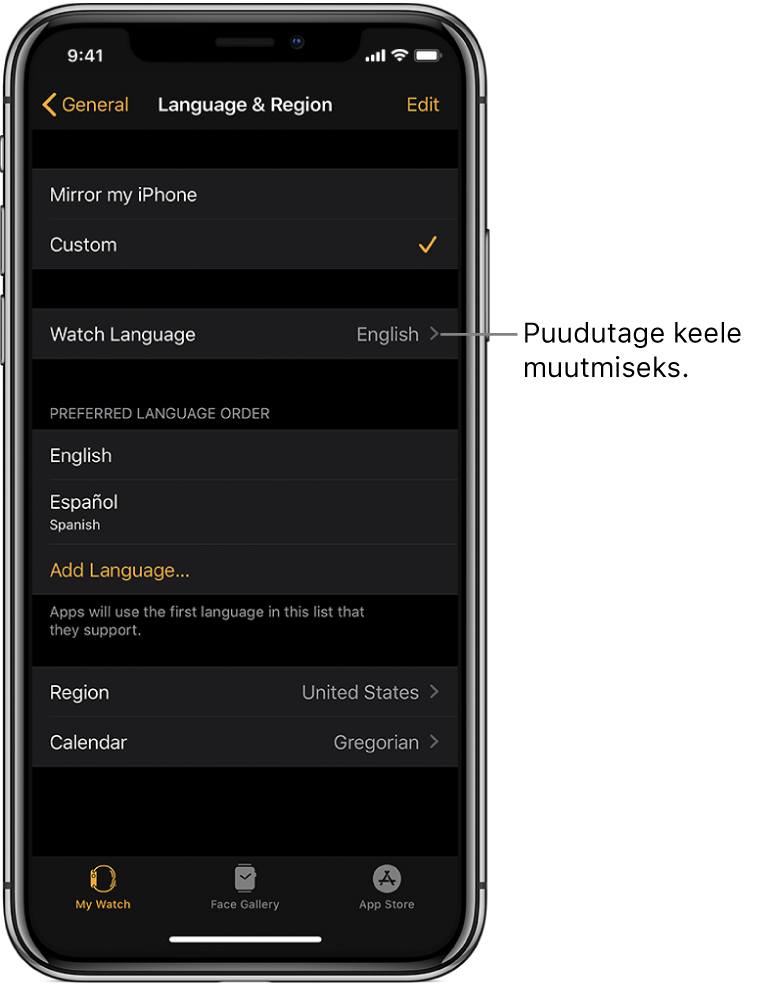 Rakenduse Apple Watch kuva Language & Region, mille ülaosas on seade Watch Language.