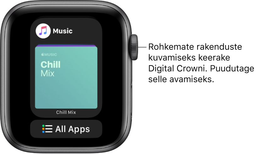 Dockil kuvatakse rakendust Music ning selle all on nupp All Apps. Rohkemate rakenduste kuvamiseks keerake Digital Crowni. Puudutage rakendust selle avamiseks.