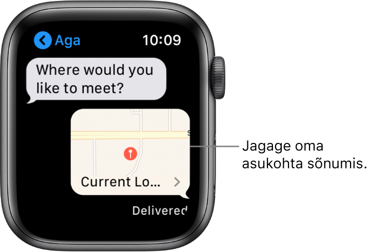 Rakenduse Messages kuva, kus on kaart saatja asukohaga.