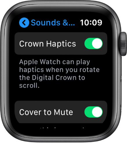 Kuva Crown Haptics, kus lüliti Crown Haptics on lülitatud sisse.
