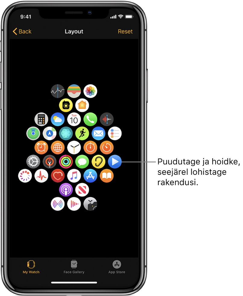 Apple Watchi kuva Layout ikoonide võrgustikuga. Väljaviik on suunatud rakenduse ikoonile ning seal on kirjas “Puudutage ja hoidke, seejärel lohistage rakenduste teisaldamiseks”.