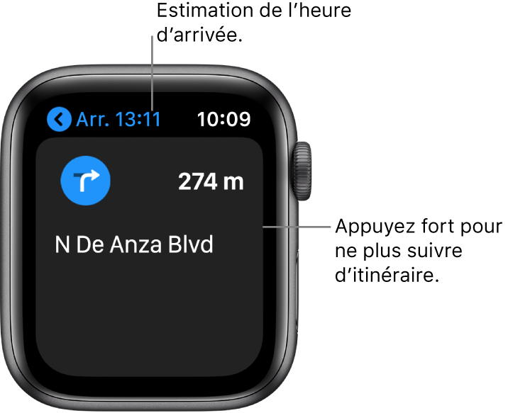 L’app Plans indiquant l’heure d’arrivée estimée en haut à gauche, le nom de la rue après le prochain virage et la distance avant ce virage. Une légende pointe vers l’écran et affiche le message suivant : « Appuyez fort pour arrêter les itinéraires ».