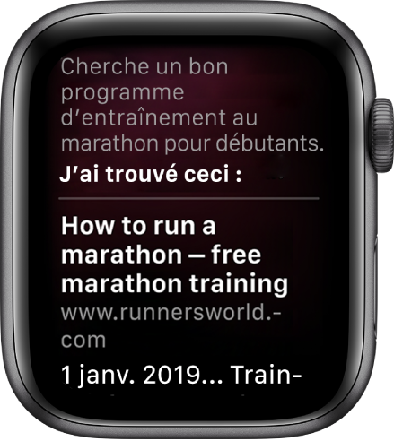 Siri qui répond à la question « Quel est un bon programme d’entraînement pour des débutants cherchant à courir un marathon ? » avec une réponse trouvée sur le Web.