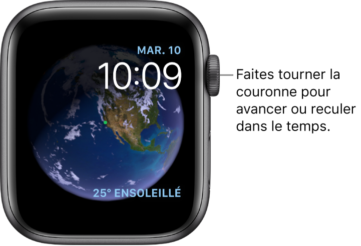 Cadran Astronomie, qui montre le jour, la date et l’heure. Une complication Météo se trouve en bas à droite. Faites tourner la Digital Crown pour avancer ou reculer dans le temps.