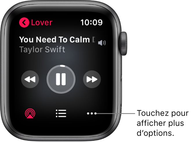 L’écran « À l’écoute » dans l’app Musique. Le nom de l’album se trouve en haut à gauche. Le titre du morceau et l’artiste se trouvent en haut et les commandes de lecture figurent au milieu. Le bouton AirPlay, le bouton Options et la liste des pistes se trouvent en bas de l’écran.