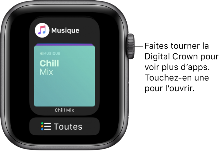 Dock montrant l’app Musique avec un bouton Toutes les apps en dessous. Faites tourner la Digital Crown pour voir plus d’apps. Touchez-en une pour l’ouvrir.