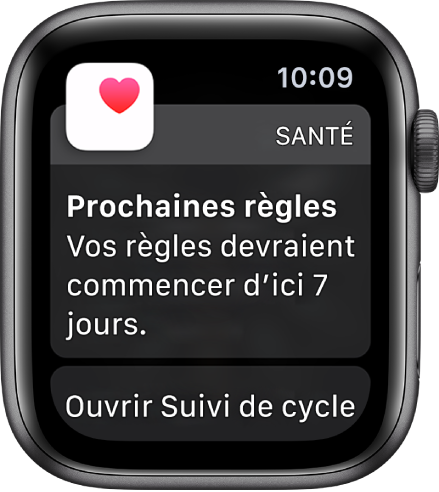 Apple Watch montrant un écran de prédiction de cycle indiquant « Prochaines règles. Vos règles devraient commencer d’ici 7 jours. » Un bouton « Ouvrir Suivi de cycle » s’affiche en bas de l’écran.