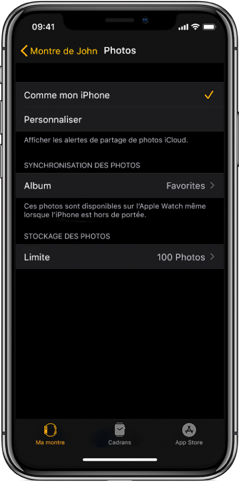 Réglages Photos dans l’app Apple Watch sur l’iPhone, avec le réglage Album synchronisé au milieu et le réglage Limite de photos en dessous.