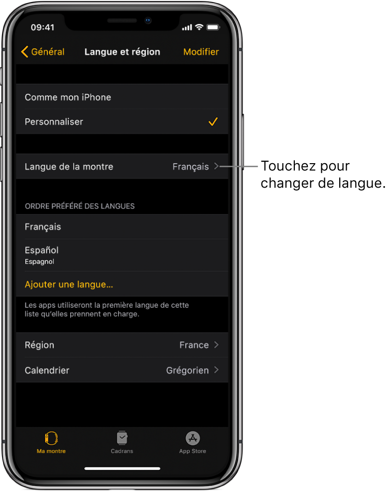 L’écran Langue et région de l’app Apple Watch, affichant le réglage Langue de la montre vers le haut de l’écran.