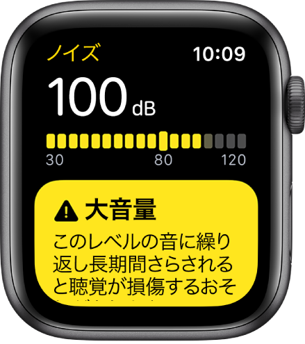 「ノイズ」画面。100dBのデシベルレベルが表示されています。その下に警告が表示されています。