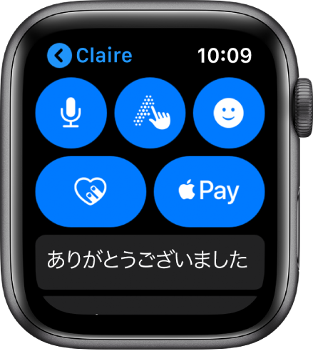 右下にApple Payボタンが表示されている「メッセージ」画面。