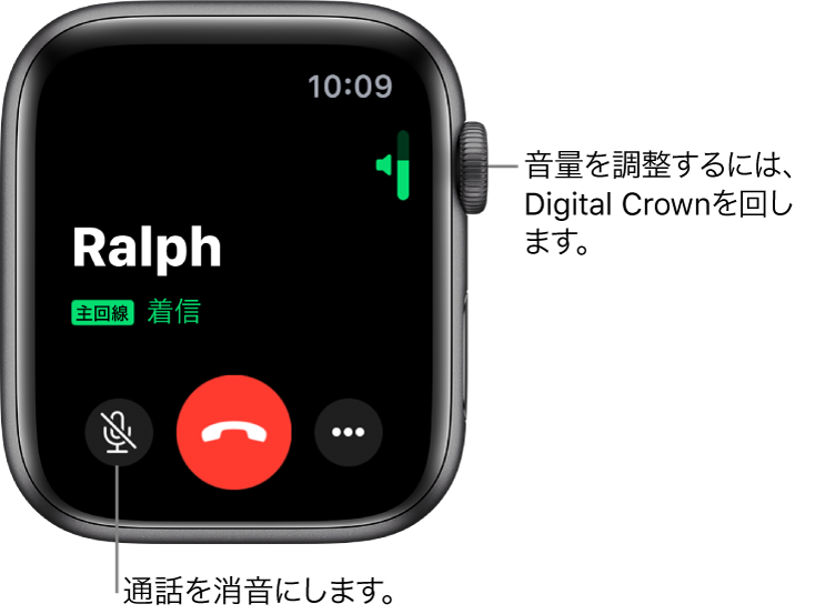 着信時には、右上に横向きの音量インジケータ、左下に「消音」ボタン、赤の「拒否」ボタン、「その他のオプション」ボタンが表示されます。