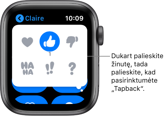 „Messages“ pokalbis ir „Tapback“ parinktys: širdis, iškeltas nykštys, nuleistas nykštys, „Ha Ha“, „!!“ ir „?“.
