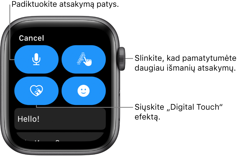 Atsakymo ekranas, kuriame rodomi diktavimo, rašymo piešiant, „Digital Touch“ ir jaustukų mygtukai. Išmanieji atsakymai pateikiami žemiau. Pasukite „Digital Crown“, kad pamatytumėte daugiau išmaniųjų atsakymų.