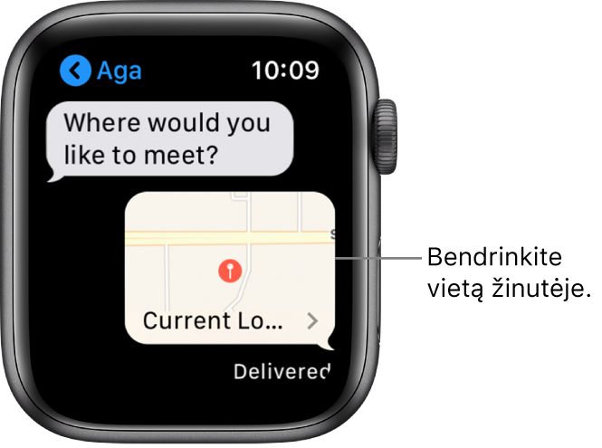 „Messages“ ekranas, kuriame rodomas siuntėjo vietos žemėlapis.