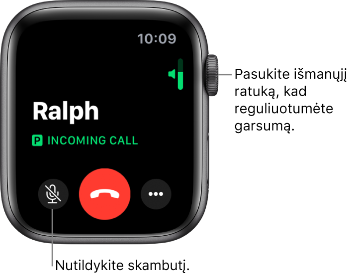 Gaunamojo telefono skambučio metu ekrano viršutiniame dešiniajame kampe rodomas horizontalus garsumo indikatorius, apatiniame kairiajame – nutildymo mygtukas, raudonas atmetimo mygtukas ir papildomų parinkčių mygtukas.